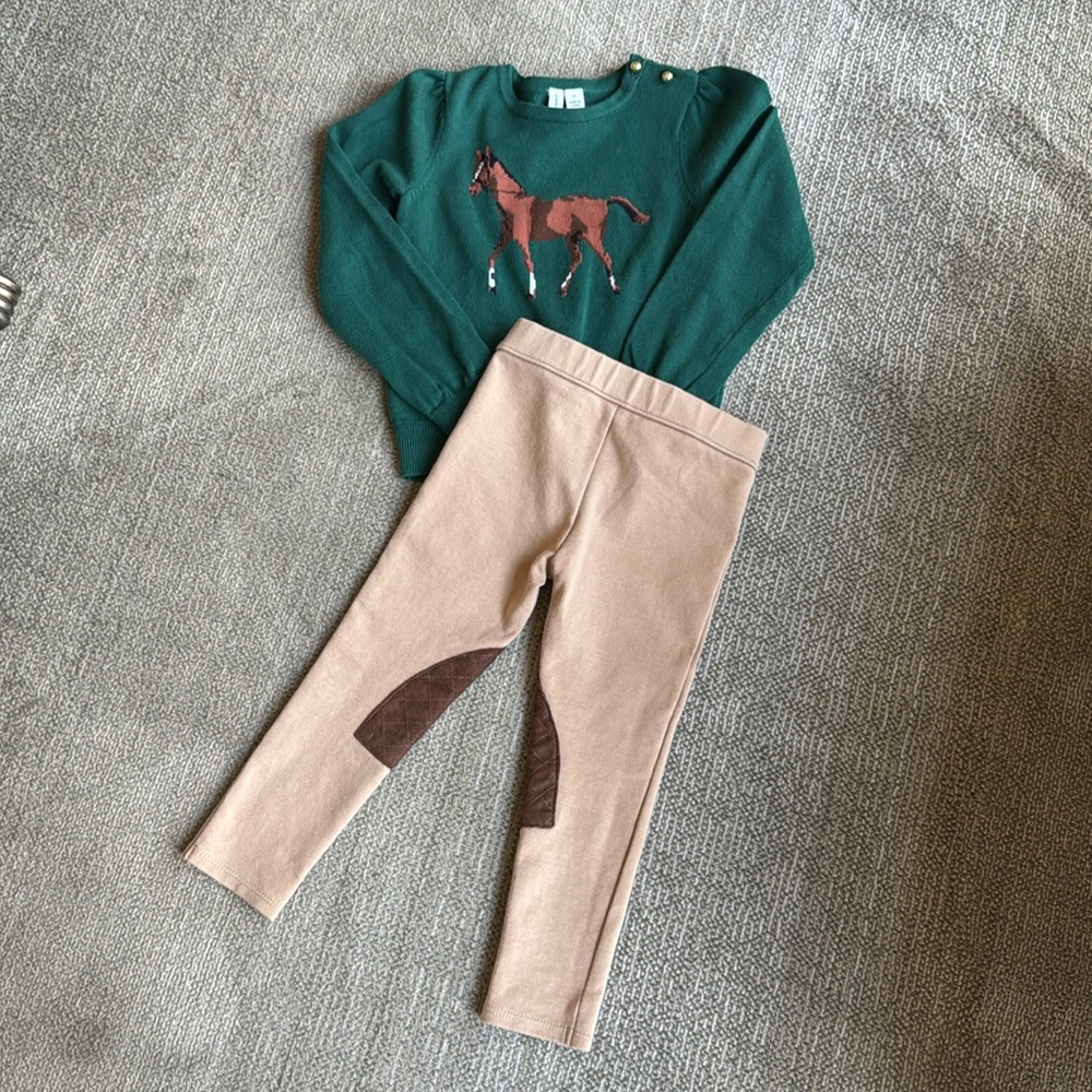 JANIE and JACK Pullover Hunter Green Horse Sweater and Tan Riding Pants Sz 3-4T - Picture 6 of 12